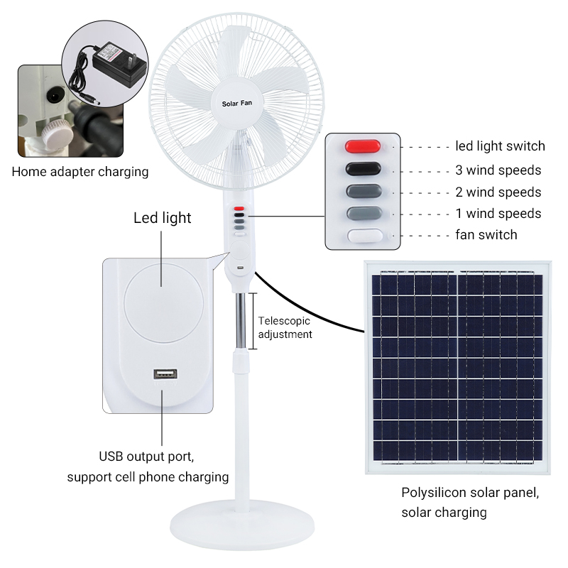 16 inci 5-Blade Oscillating Adjustable Standing Pedestal Solar Fan